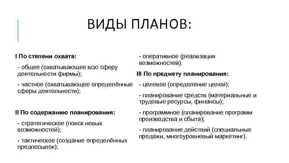 ВИДЫ ПЛАНОВ: I По степени охвата: - общее (охватывающее всю сферу деятельности фирмы); -