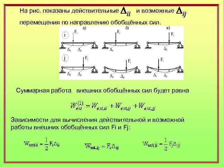 Dii Dij На рис. показаны действительные и возможные перемещения по направлению обобщённых сил. Суммарная