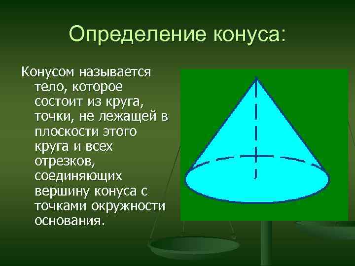 Определение конуса: Конусом называется тело, которое состоит из круга, точки, не лежащей в плоскости