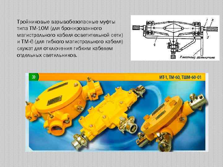 Тройниковые взрывобезопасные муфты типа ТМ-10 М (для бронированного магистрального кабеля осветительной сети) и ТМ-6
