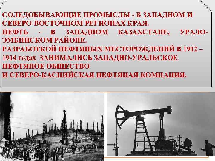 СОЛЕДОБЫВАЮЩИЕ ПРОМЫСЛЫ - В ЗАПАДНОМ И СЕВЕРО-ВОСТОЧНОМ РЕГИОНАХ КРАЯ. НЕФТЬ - В ЗАПАДНОМ КАЗАХСТАНЕ,