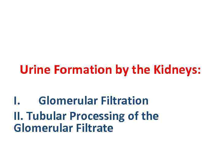 Urine Formation by the Kidneys: I. Glomerular Filtration II. Tubular Processing of the Glomerular