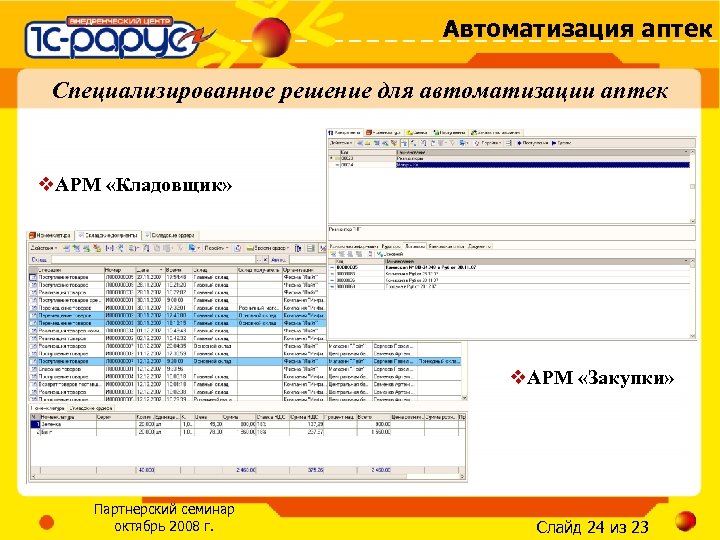 Автоматизация аптек Специализированное решение для автоматизации аптек v. АРМ «Кладовщик» v. АРМ «Закупки» Партнерский