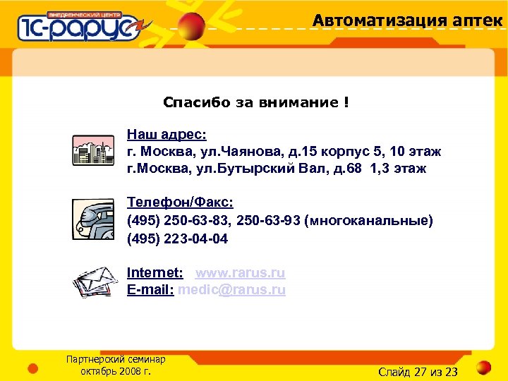 Автоматизация аптек Спасибо за внимание ! Наш адрес: г. Москва, ул. Чаянова, д. 15