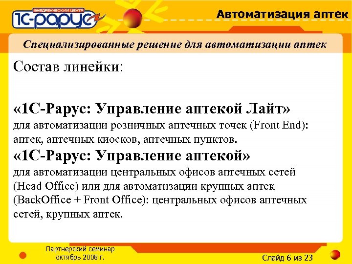 Автоматизация аптек Специализированные решение для автоматизации аптек Состав линейки: « 1 С-Рарус: Управление аптекой