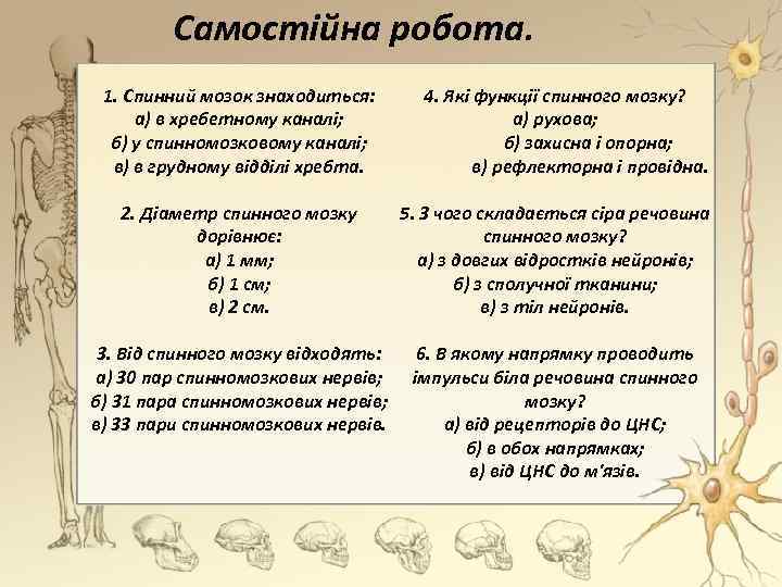 Самостійна робота. 1. Спинний мозок знаходиться: а) в хребетному каналі; б) у спинномозковому каналі;