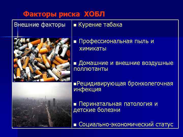 Факторы риска ХОБЛ Внешние факторы n Курение табака n Профессиональная пыль и химикаты Домашние