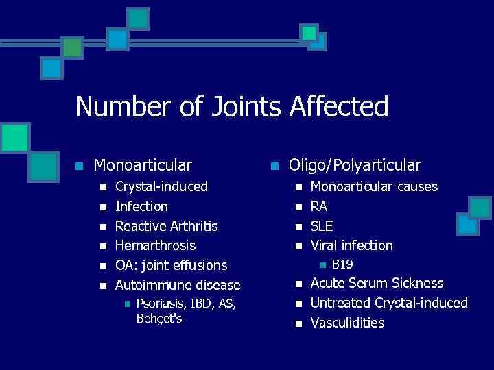 Number of Joints Affected n Monoarticular n n n Crystal-induced Infection Reactive Arthritis Hemarthrosis