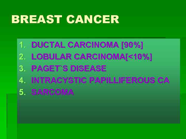 BREAST CANCER 1. 2. 3. 4. 5. DUCTAL CARCINOMA [90%] LOBULAR CARCINOMA[<10%] PAGET`S DISEASE