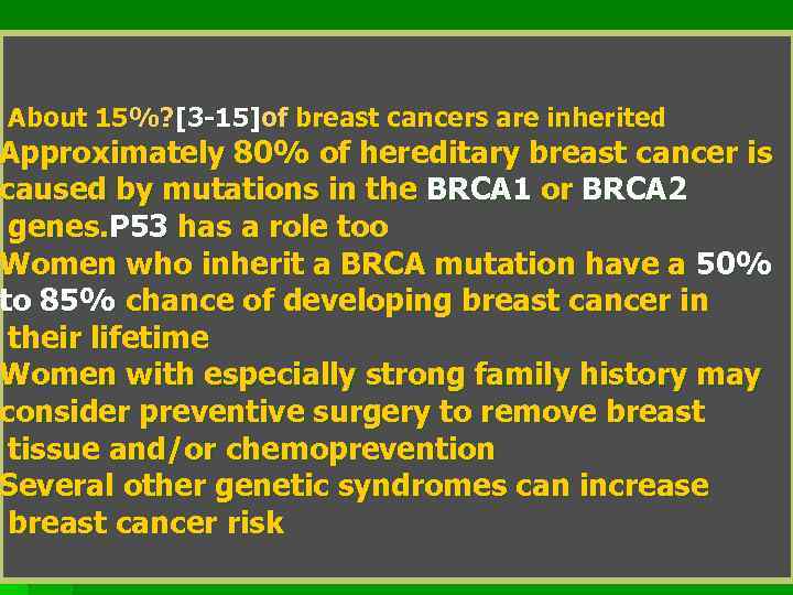 About 15%? [3 -15]of breast cancers are inherited Approximately 80% of hereditary breast cancer