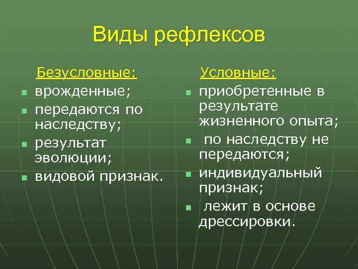 Виды рефлексов n n Безусловные: врожденные; передаются по наследству; результат эволюции; видовой признак. n