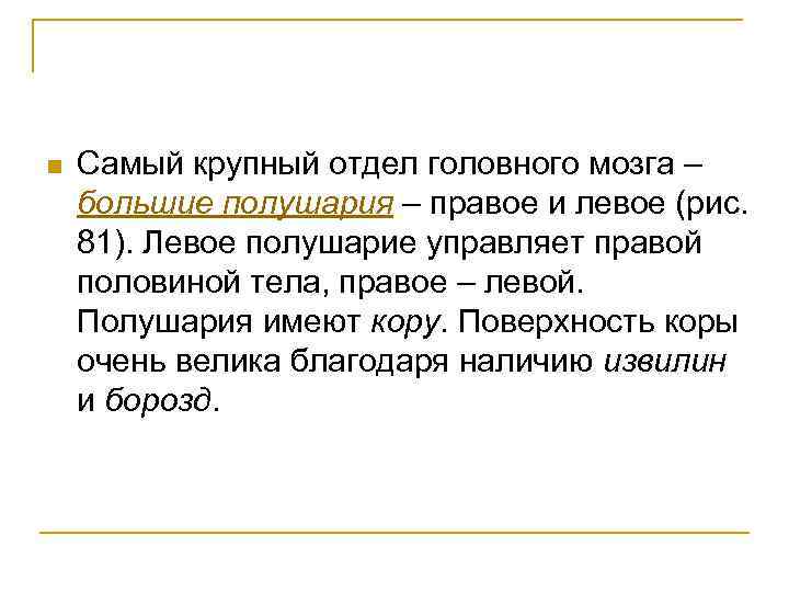 n Самый крупный отдел головного мозга – большие полушария – правое и левое (рис.