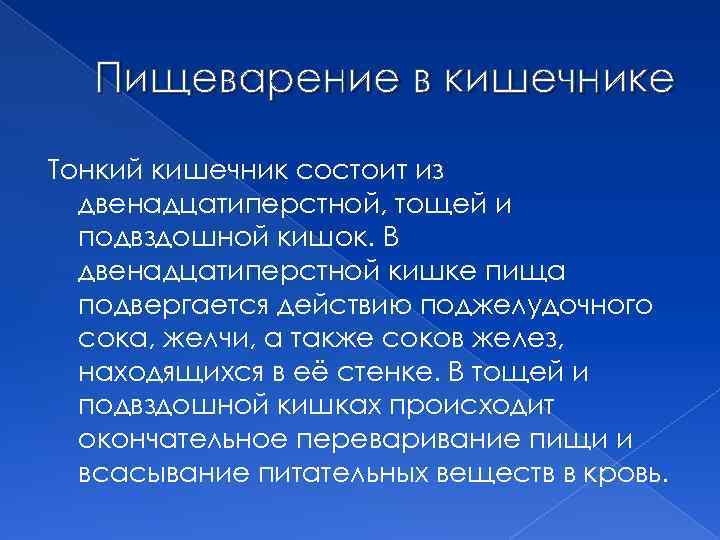 Пищеварение в кишечнике Тонкий кишечник состоит из двенадцатиперстной, тощей и подвздошной кишок. В двенадцатиперстной