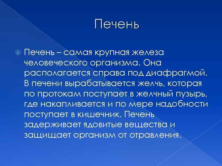 Печень – самая крупная железа человеческого организма. Она располагается справа под диафрагмой. В печени