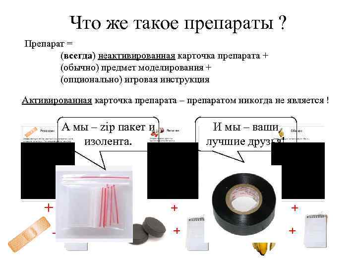 Что же такое препараты ? Препарат = (всегда) неактивированная карточка препарата + (обычно) предмет