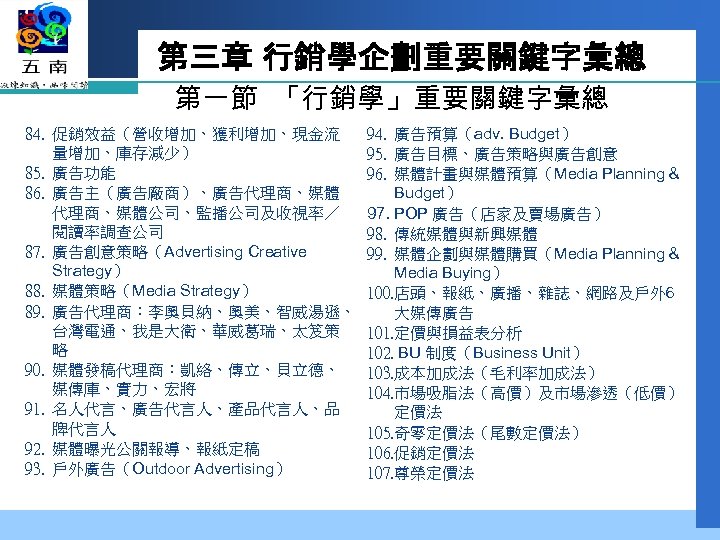 第三章 行銷學企劃重要關鍵字彙總 第一節 「行銷學」重要關鍵字彙總 84. 促銷效益（營收增加、獲利增加、現金流 量增加、庫存減少） 85. 廣告功能 86. 廣告主（廣告廠商）、廣告代理商、媒體公司、監播公司及收視率／ 閱讀率調查公司 87. 廣告創意策略（Advertising
