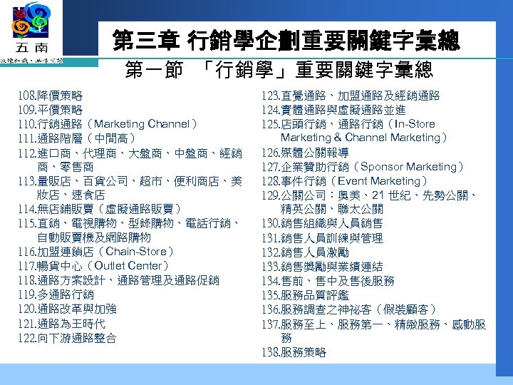 第三章 行銷學企劃重要關鍵字彙總 第一節 「行銷學」重要關鍵字彙總 108. 降價策略 109. 平價策略 110. 行銷通路（Marketing Channel） 111. 通路階層（中間高） 112.