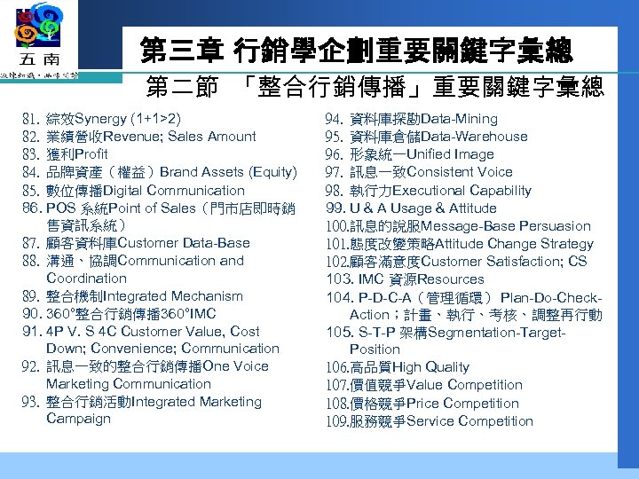 第三章 行銷學企劃重要關鍵字彙總 第二節 「整合行銷傳播」重要關鍵字彙總 81. 綜效Synergy (1+1>2) 82. 業績營收Revenue; Sales Amount 83. 獲利Profit 84.