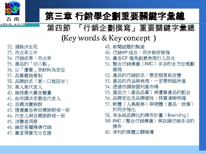 第三章 行銷學企劃重要關鍵字彙總 第四節 「行銷企劃撰寫」重要關鍵字彙總 （ words & Key concept） Key 32. 33. 34. 35.