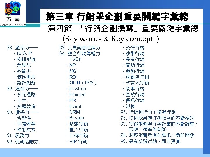 第三章 行銷學企劃重要關鍵字彙總 第四節 「行銷企劃撰寫」重要關鍵字彙總 （ words & Key concept） Key 88. 產品力── ．U. S.
