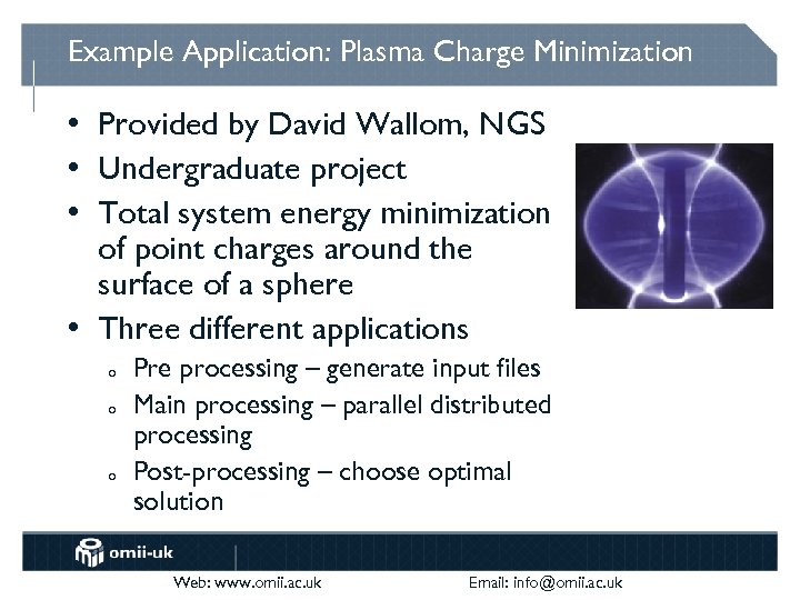Example Application: Plasma Charge Minimization • Provided by David Wallom, NGS • Undergraduate project
