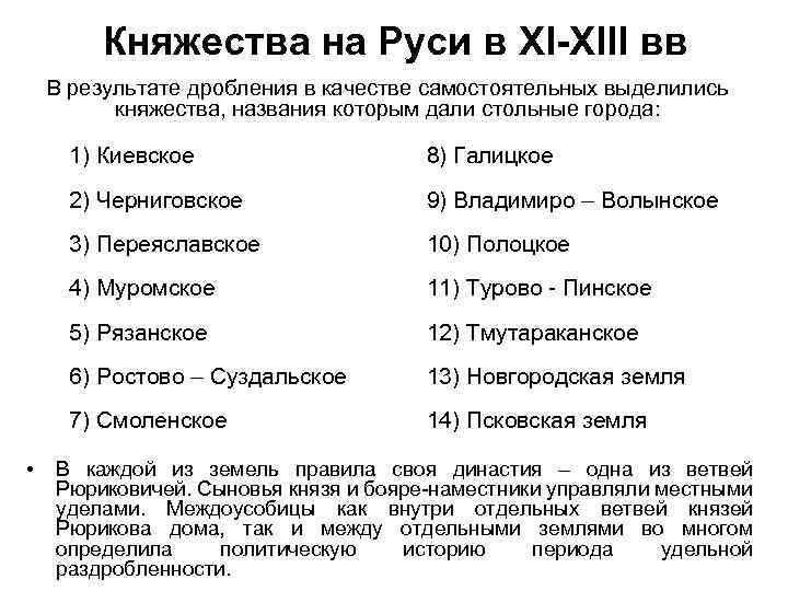 Княжества на Руси в XI-XIII вв В результате дробления в качестве самостоятельных выделились княжества,