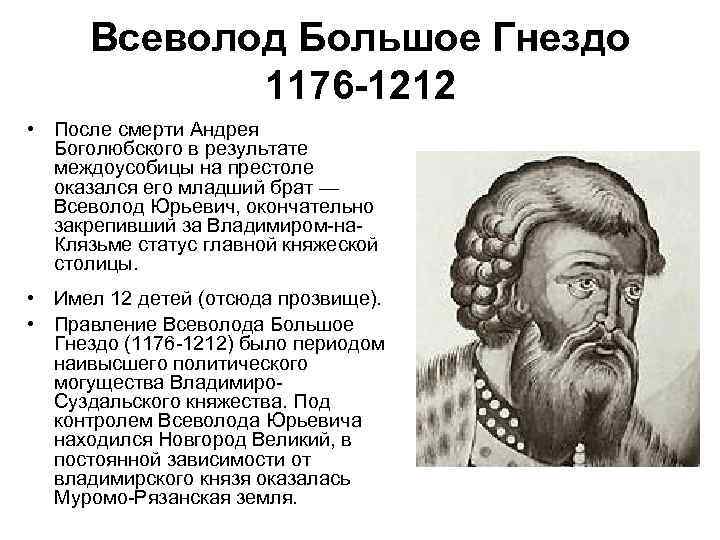 Всеволод Большое Гнездо 1176 -1212 • После смерти Андрея Боголюбского в результате междоусобицы на