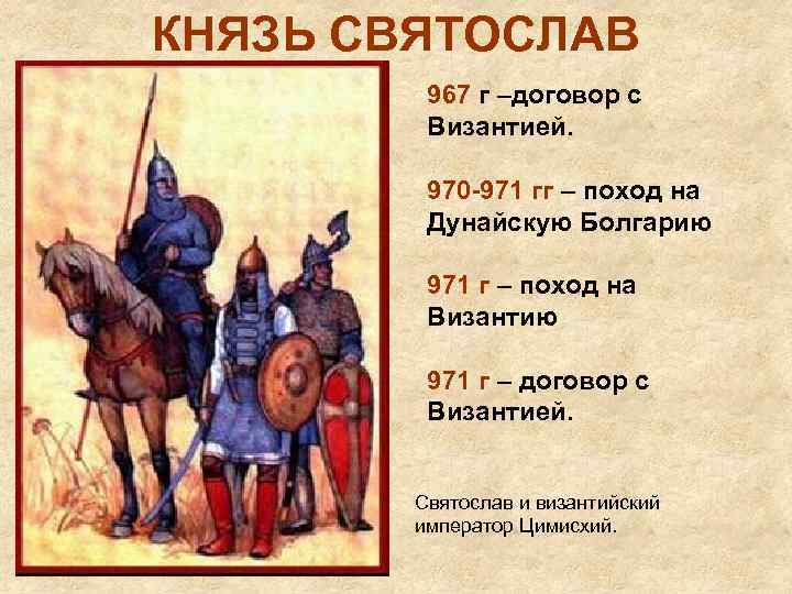 КНЯЗЬ СВЯТОСЛАВ 967 г –договор с Византией. 970 -971 гг – поход на Дунайскую