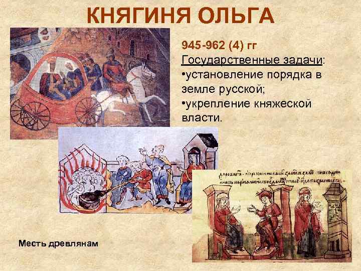 КНЯГИНЯ ОЛЬГА 945 -962 (4) гг Государственные задачи: • установление порядка в земле русской;
