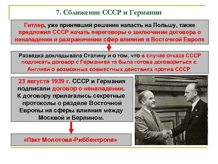 7. Сближение СССР и Германии Гитлер, уже принявший решение напасть на Польшу, также предложил