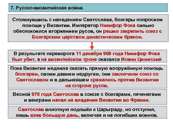 7. Русско-византийская война. Столкнувшись с нападением Святослава, болгары попросили помощи у Византии. Император Никифор