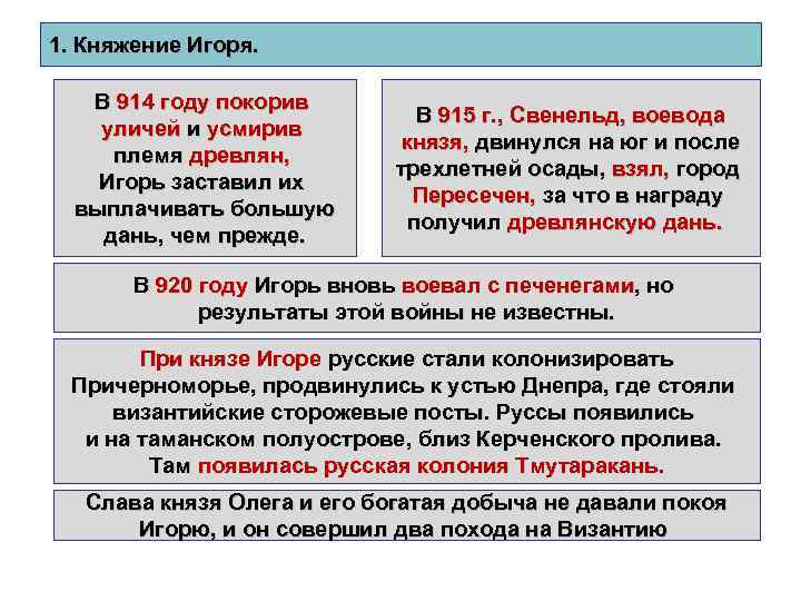 1. Княжение Игоря. В 914 году покорив уличей и усмирив племя древлян, Игорь заставил