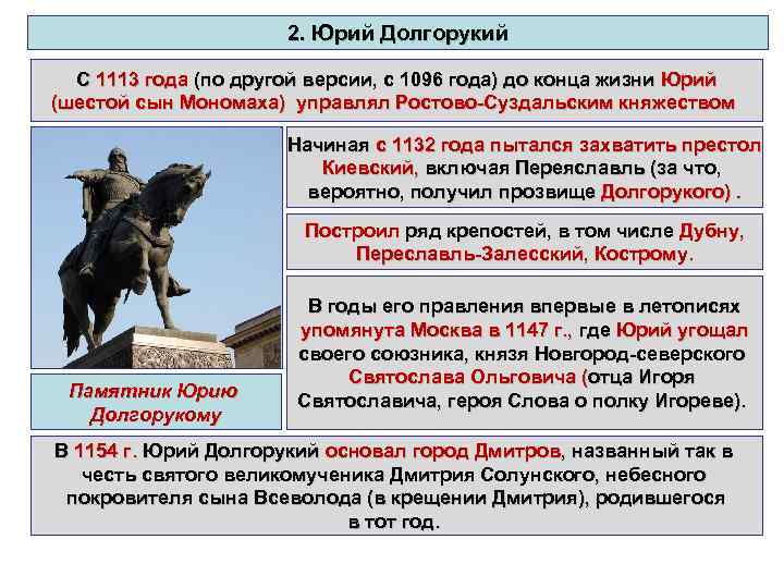 2. Юрий Долгорукий С 1113 года (по другой версии, с 1096 года) до конца