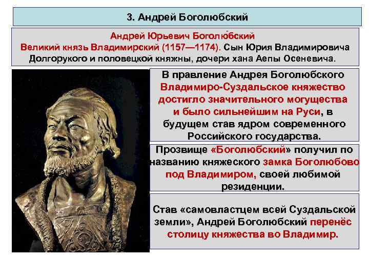 3. Андрей Боголюбский Андрей Юрьевич Боголю бский Великий князь Владимирский (1157— 1174). Сын Юрия