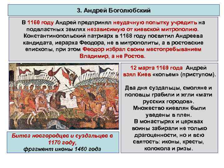 3. Андрей Боголюбский В 1160 году Андрей предпринял неудачную попытку учредить на подвластных землях