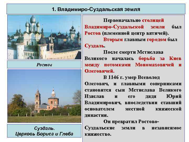 1. Владимиро-Суздальская земля Ростов Суздаль. Церковь Бориса и Глеба Первоначально столицей Владимиро-Суздальской земли был
