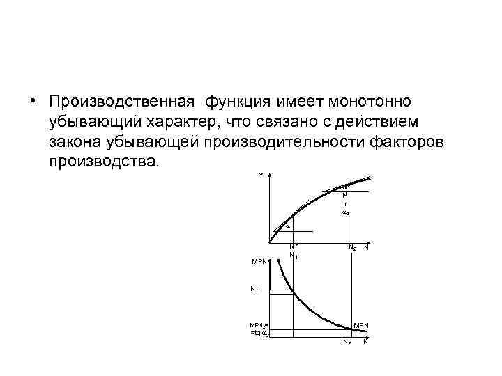  • Производственная функция имеет монотонно убывающий характер, что связано с действием закона убывающей