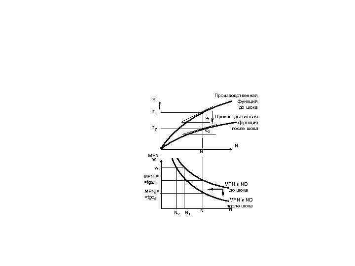 Производственная функция до шока Y Y 1 1 Y 2 2 Производственная функция после
