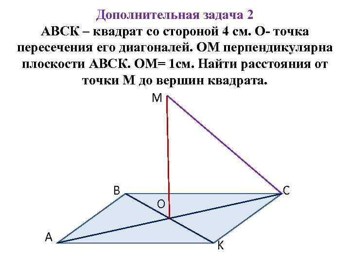 Дополнительная задача 2 АВСК – квадрат со стороной 4 см. О- точка пересечения его