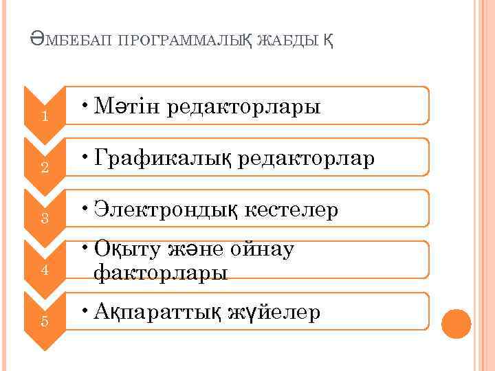 ӘМБЕБАП ПРОГРАММАЛЫҚ ЖАБДЫ Қ 1 • Мәтін редакторлары 2 • Графикалық редакторлар 3 •