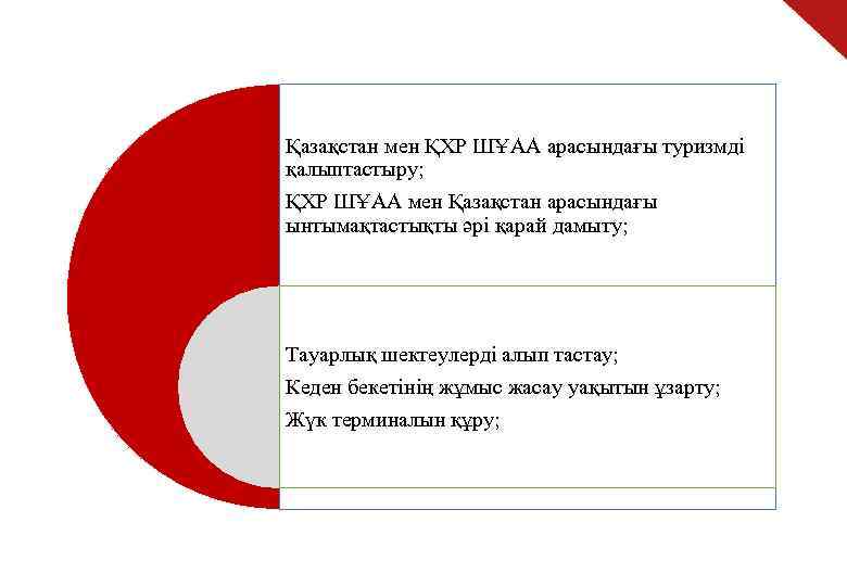 Қазақстан мен ҚХР ШҰАА арасындағы туризмді қалыптастыру; ҚХР ШҰАА мен Қазақстан арасындағы ынтымақтастықты әрі