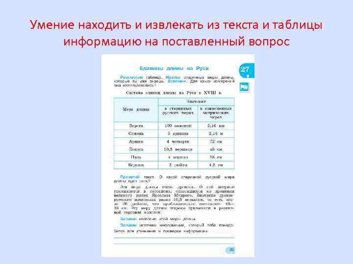 Умение находить и извлекать из текста и таблицы информацию на поставленный вопрос 