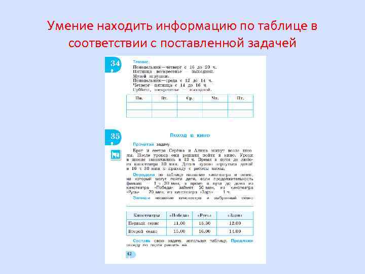 Умение находить информацию по таблице в соответствии с поставленной задачей 