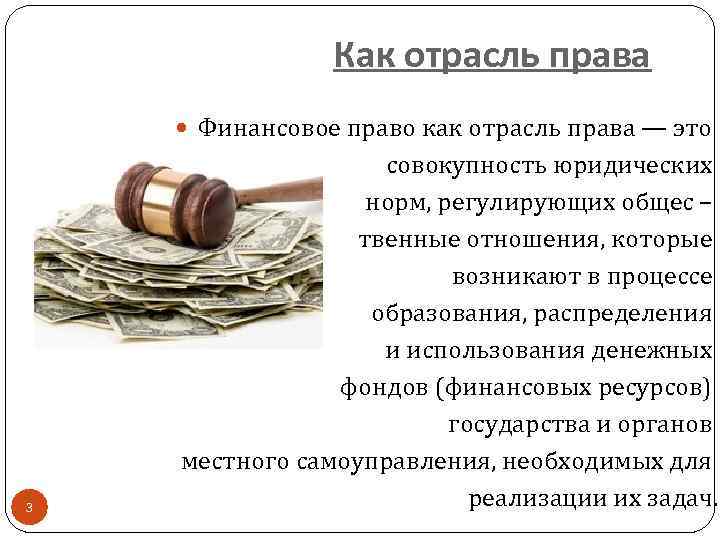 Как отрасль права Финансовое право как отрасль права — это 3 совокупность юридических норм,