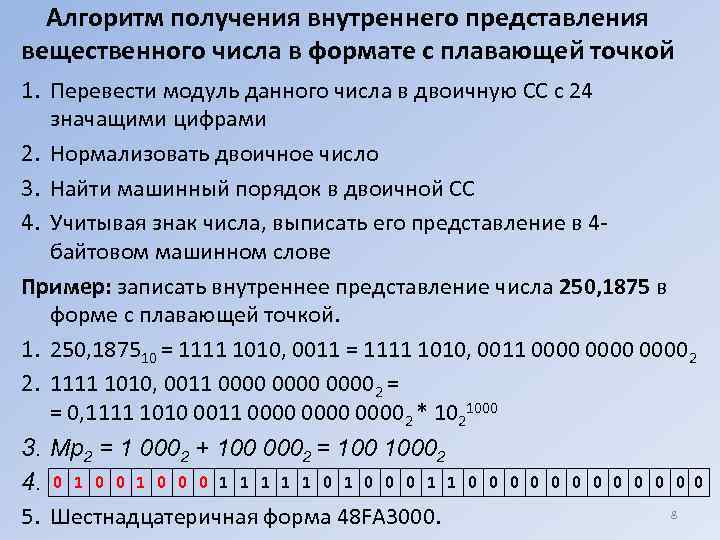 Алгоритм получения внутреннего представления вещественного числа в формате с плавающей точкой 1. Перевести модуль