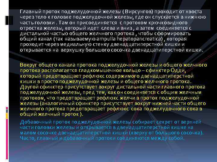 Главный проток поджелудочной железы ( Вирсунгов) проходит от хвоста через тело к головке поджелудочной