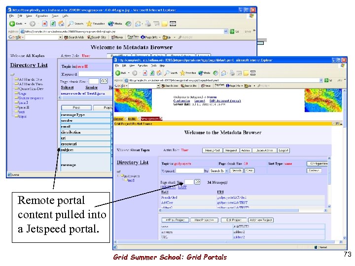 Remote portal content pulled into a Jetspeed portal. Grid Summer School: Grid Portals 73