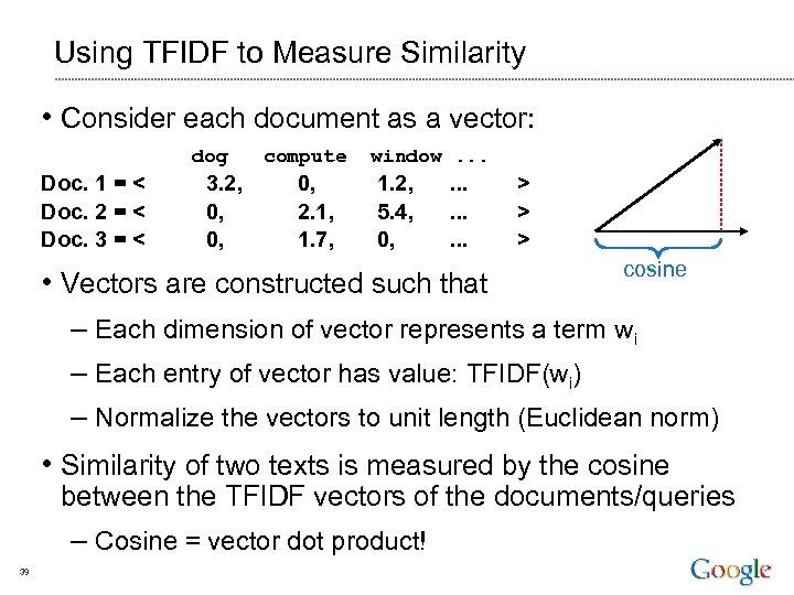 Using TFIDF to Measure Similarity • Consider each document as a vector: dog Doc.
