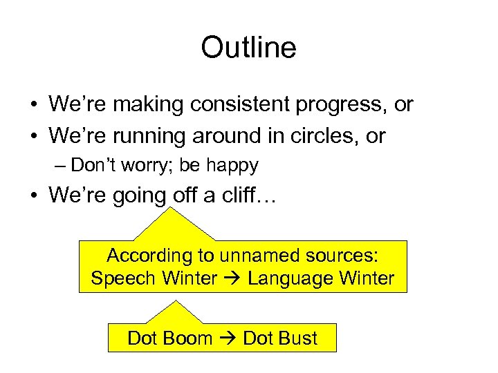 Outline • We’re making consistent progress, or • We’re running around in circles, or