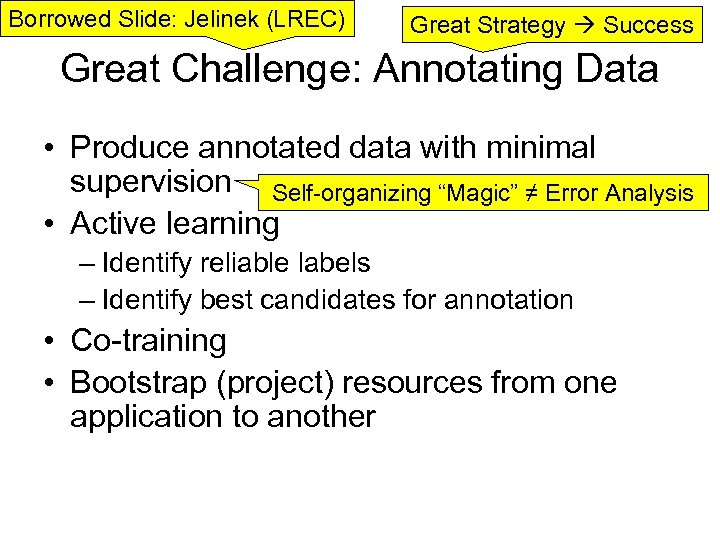 Borrowed Slide: Jelinek (LREC) Great Strategy Success Great Challenge: Annotating Data • Produce annotated